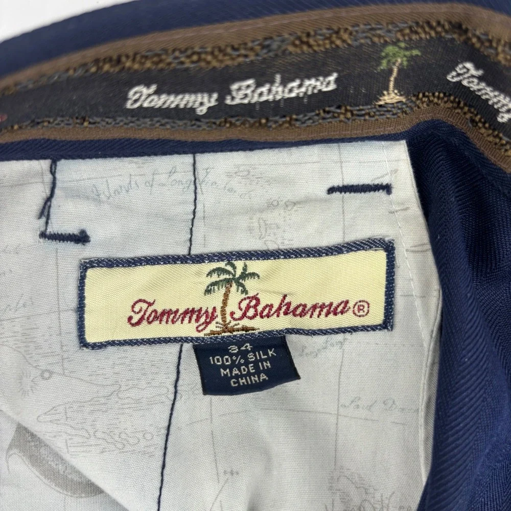Tommy Bahama Vintage 100% Silk Pleated Shorts Navy Blue Herringbone Mens 34